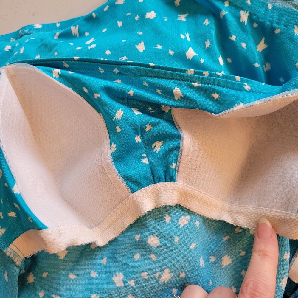 Vintage 1960S Blue White Abstract Print Swimsuit Belted Waist Square Neckline - Picture 3 of 11